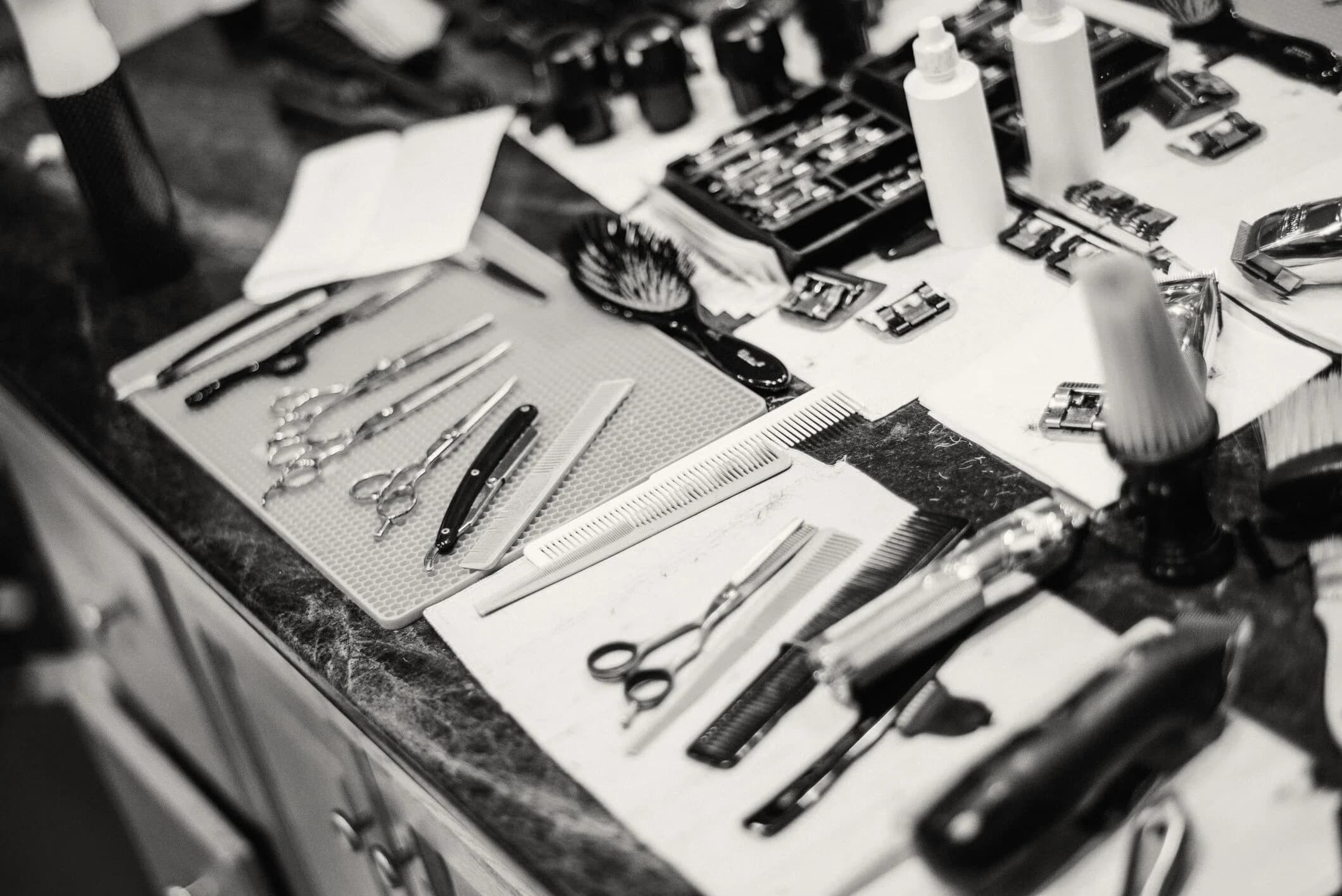 Barber tools arranged for service